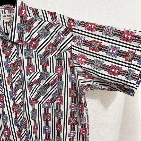 Vintage Sheplers Brush popperPearl Snap Western Aztec Shirt Short Sleeve Size XL - Picture 4 of 8